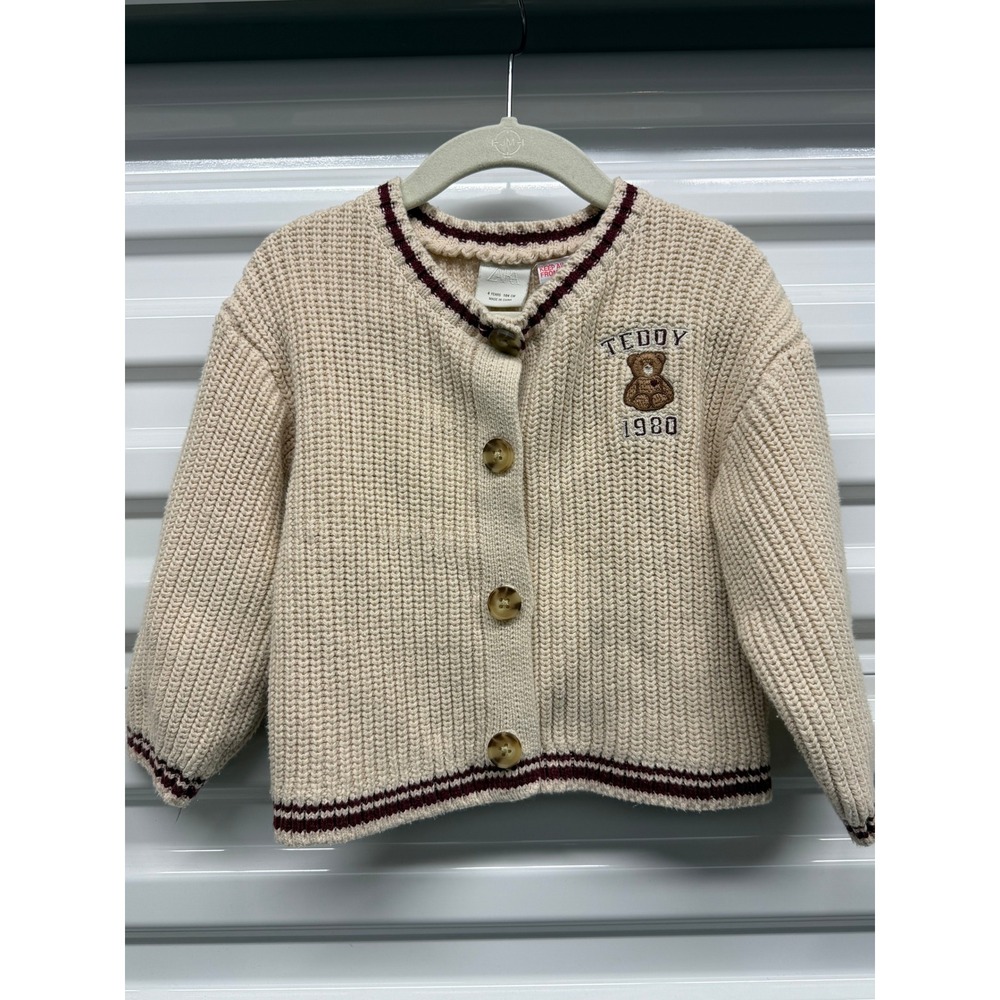 Zara Kids Teddy 1980 Chunky Knit Cardigan Sweater Beige Burgundy Size 4 104cm